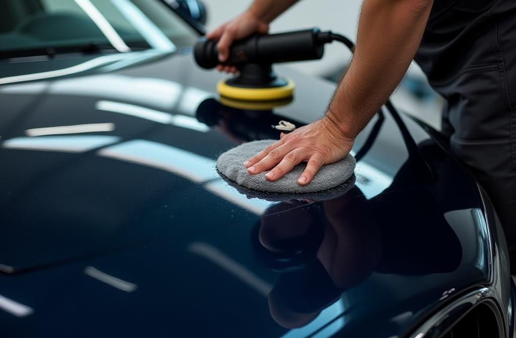 A detailer polishing a car, showing a brilliant shine.