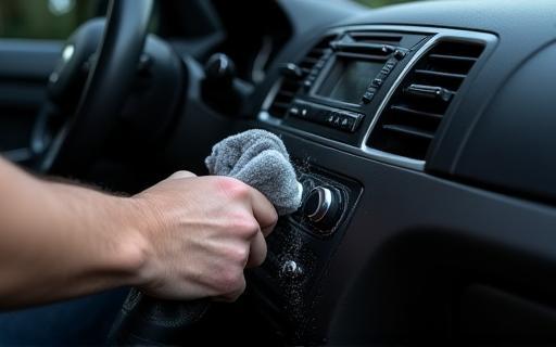 Cleaning car interior dashboard.